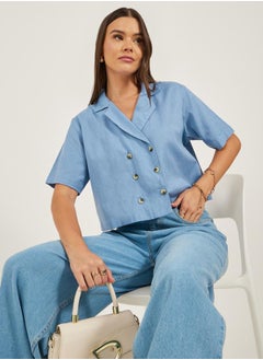 Styli Solid Notch Lapel Double Breasted Crop Top  - Image 1