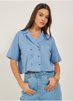 Styli Solid Notch Lapel Double Breasted Crop Top  - Image 3