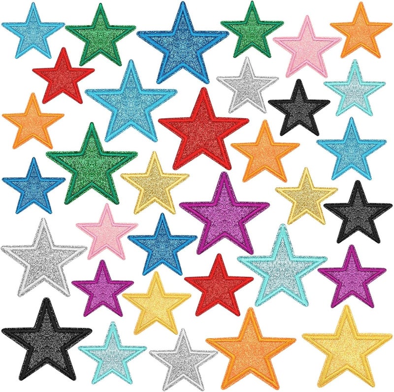 Augsun 36pcs Glitter Star Iron on Patches Clothing Embroidered Colorful Shiny Star Sew on Patches Applique Repair Patch ﻿DIY Crafts for Clothing Jacket Jeans Pants Dress Backpack Hat Decorations - Image 1