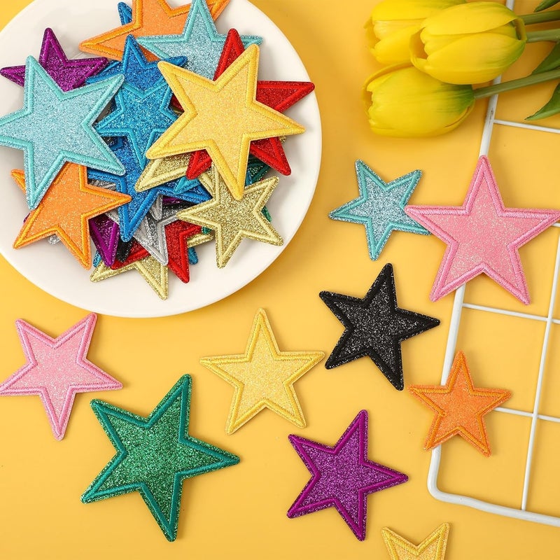 Augsun 36pcs Glitter Star Iron on Patches Clothing Embroidered Colorful Shiny Star Sew on Patches Applique Repair Patch ﻿DIY Crafts for Clothing Jacket Jeans Pants Dress Backpack Hat Decorations - Image 3