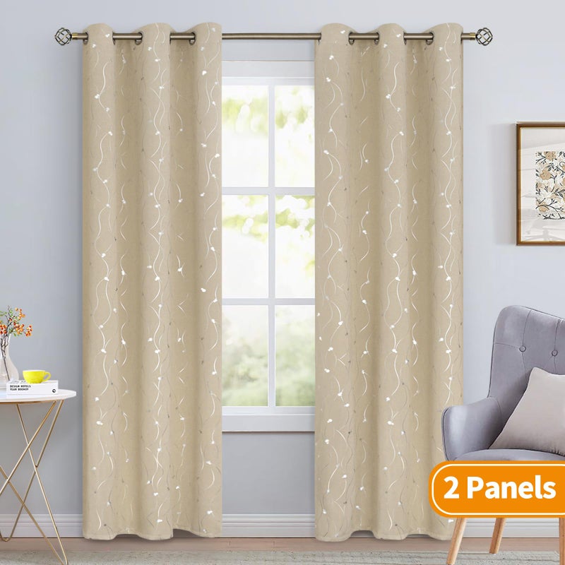BGment Room Darkening Curtains 84 Inches Long  Grommet Thermal Insulated Blackout Curtains with Wave Line and Dots Printed for Bedroom  2 Panels  Each 38 x 84 Inch  Beige - Image 2