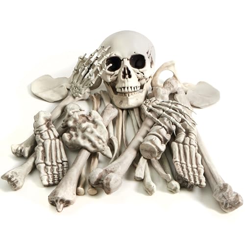 JOYIN 28 PCS Halloween Decorations Skeleton Bones and Skull Kit Indoor Outdoor Decorations Plastic Bones Scary for Spooky Graveyard Haunted House Lawn Yard Party Decor