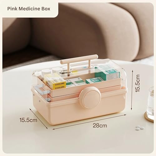 HoopVool® Clear Plastic Medicine Storage Box Organizer, Family Emergency Kit Portable Lockable Container for, Art Craft and Cosmetic Household Organizer (Pink, First Aid Box) - Image 2