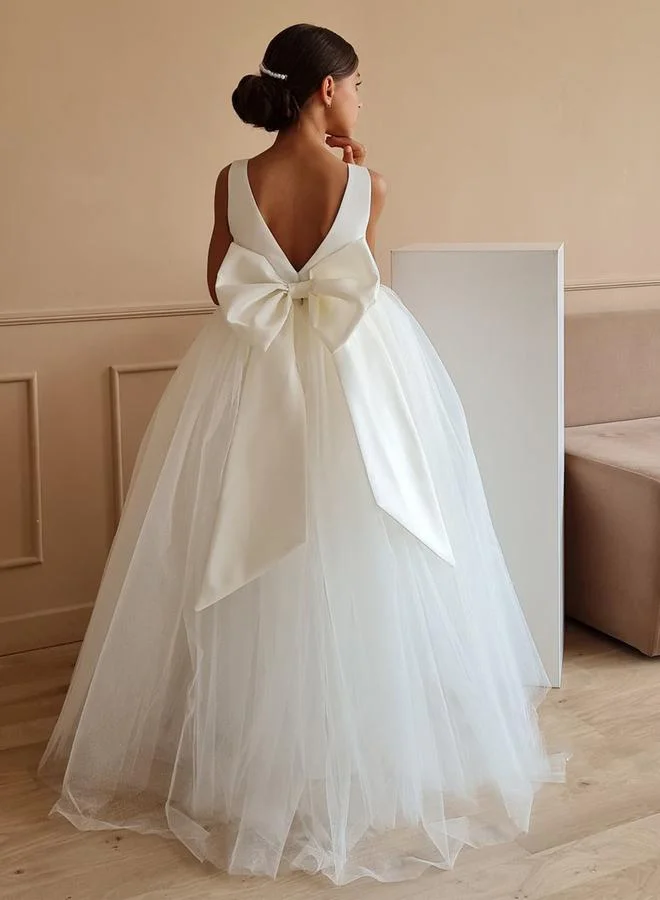 Take Two Take Two Girls White Deep V Back Mesh Party Dress