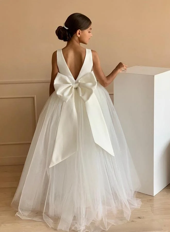 Take Two Take Two Girls White Deep V Back Mesh Party Dress