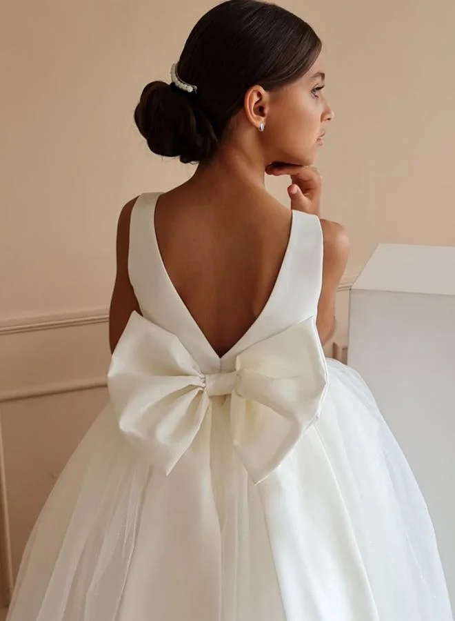 Take Two Take Two Girls White Deep V Back Mesh Party Dress