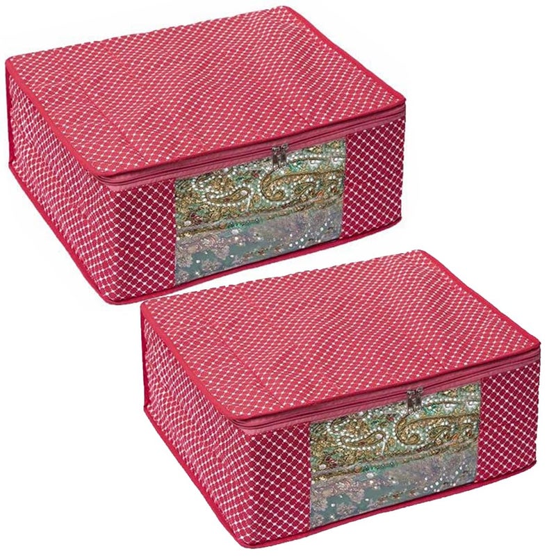 Unicrafts Polka Dots Saree Cover 3 Layered Quilted Saree Bags for Wardrobe Foldable Cotton Sari Storage Organizer with a Large Transparent Window Bride Lahenga Dress Suit Combo Set of 4 Pc Pink - Image 1