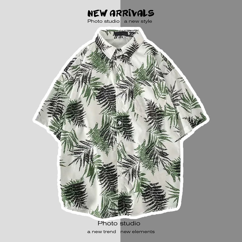 Japanese Style Instagram Style Summer Short-sleeved Floral Shirt for Men and Women Retro Loose Shirt for Hawaiian Beach Couple 1116 white 