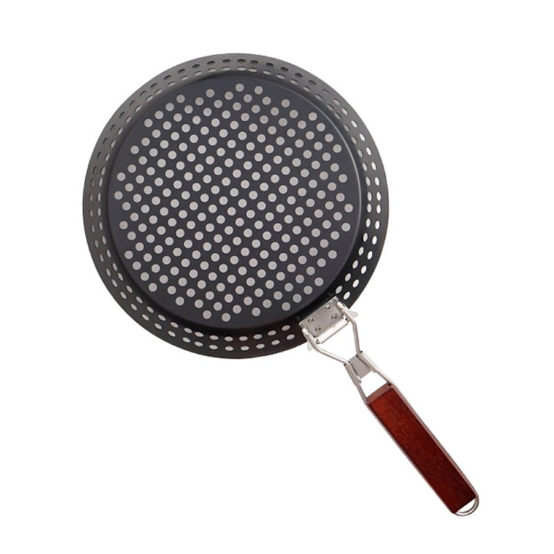 Barbecue Basket: Black Iron Construction With Smooth Wood Handle - Space-Saving Folding Design Grilling Accessory for Outdoor Family Cooking, Meat Fish Vegetable Grilling - Image 1