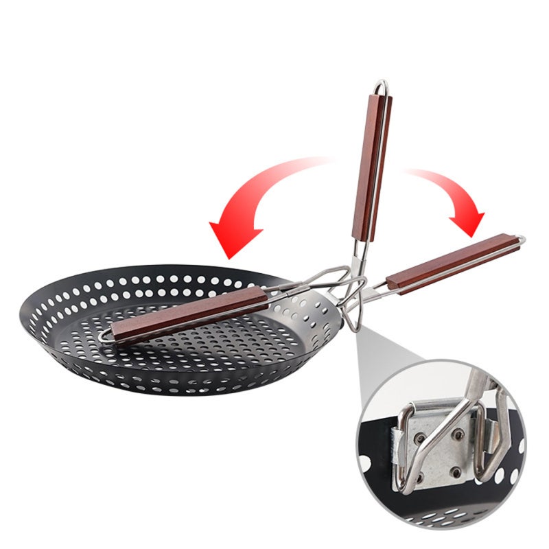 Barbecue Basket: Black Iron Construction With Smooth Wood Handle - Space-Saving Folding Design Grilling Accessory for Outdoor Family Cooking, Meat Fish Vegetable Grilling - Image 4