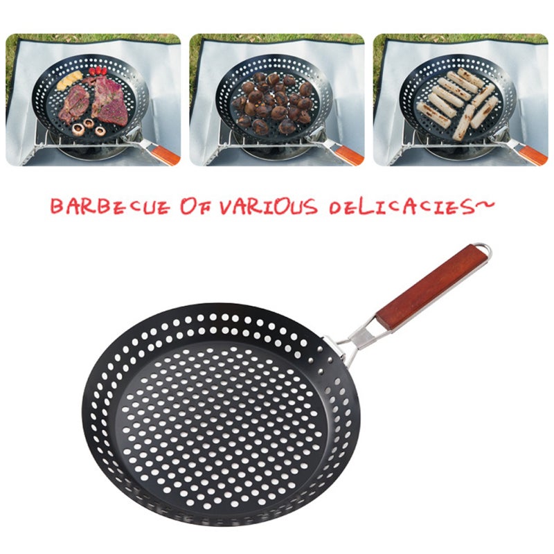Barbecue Basket: Black Iron Construction With Smooth Wood Handle - Space-Saving Folding Design Grilling Accessory for Outdoor Family Cooking, Meat Fish Vegetable Grilling - Image 5
