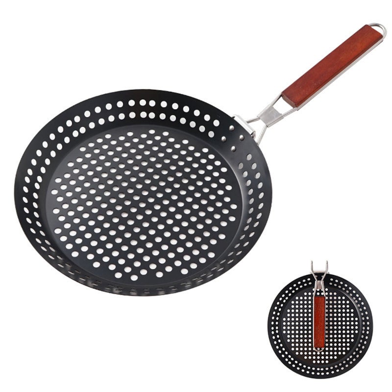 Barbecue Basket: Black Iron Construction With Smooth Wood Handle - Space-Saving Folding Design Grilling Accessory for Outdoor Family Cooking, Meat Fish Vegetable Grilling - Image 2