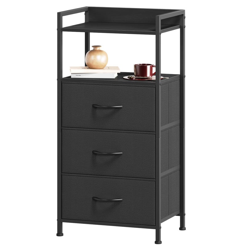 Somdot Nightstand with 3 Drawers, Dresser with Fabric Bins for Bedroom, Hallway, Entryway, Night Stand Bedside Table Furniture, Sturdy Steel Frame, Wooden Top, Easy Pull Fabric Bins, Black - Image 1