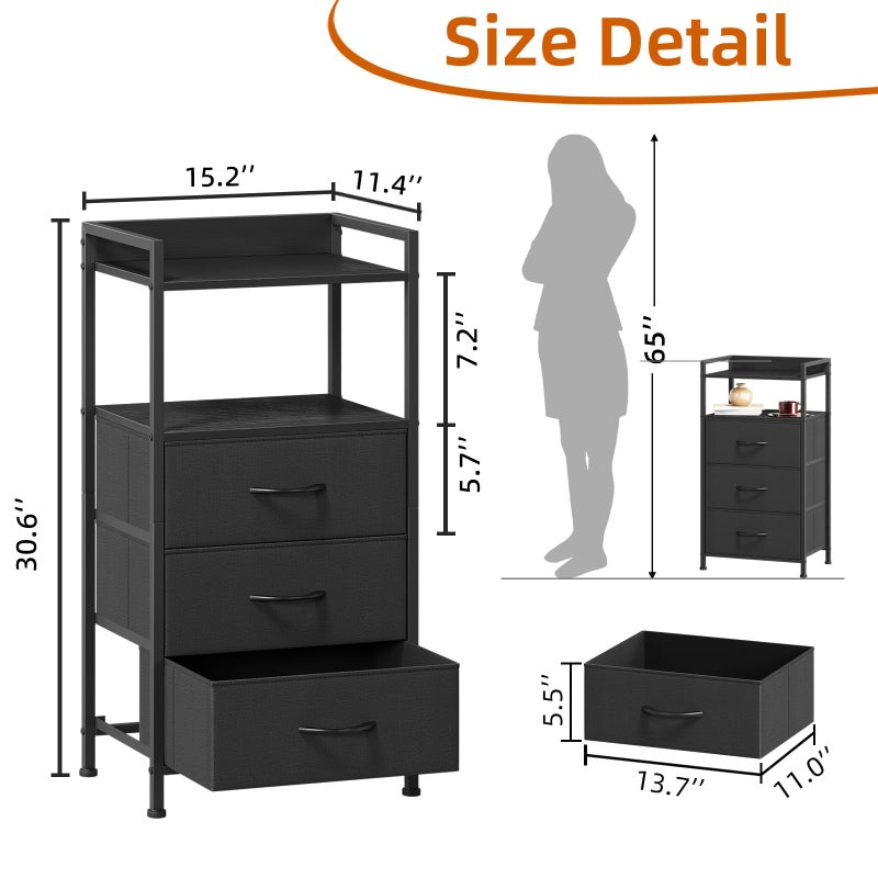 Somdot Nightstand with 3 Drawers, Dresser with Fabric Bins for Bedroom, Hallway, Entryway, Night Stand Bedside Table Furniture, Sturdy Steel Frame, Wooden Top, Easy Pull Fabric Bins, Black - Image 2