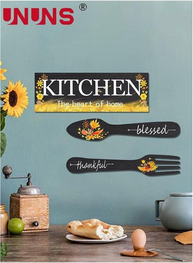 UNUNS Set Of 3 Pieces Eat Sign Wall Decor,Kitchen Wooden Pendant,Fork And Spoon Decor,Country Art For Dining Room  - Image 1