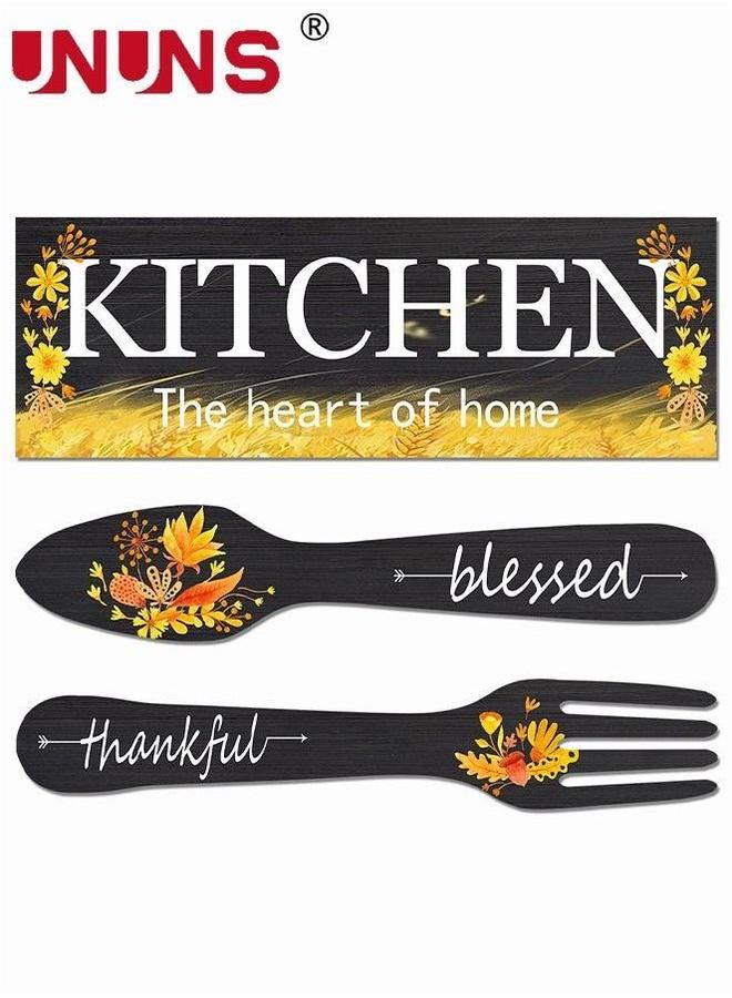 UNUNS Set Of 3 Pieces Eat Sign Wall Decor,Kitchen Wooden Pendant,Fork And Spoon Decor,Country Art For Dining Room  - Image 2