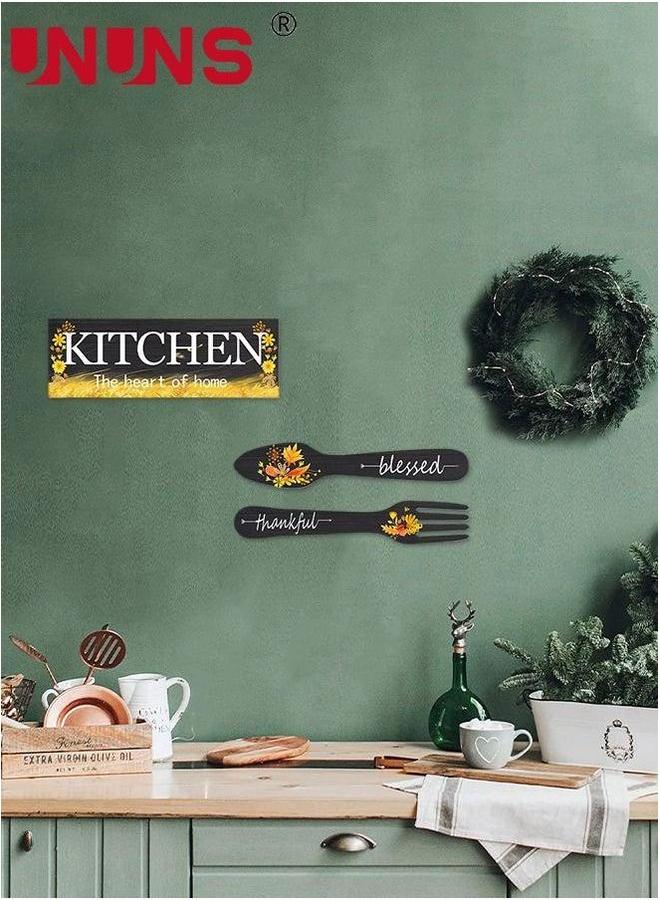 UNUNS Set Of 3 Pieces Eat Sign Wall Decor,Kitchen Wooden Pendant,Fork And Spoon Decor,Country Art For Dining Room  - Image 5