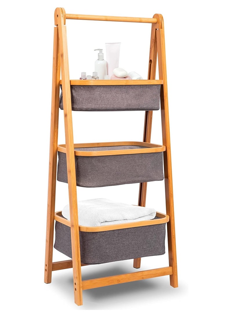 DubaiGallery 3 Tier Fold Out Hamper Shelf Storage - Space Saving Collapsible Foldable Natural Bamboo Wooden Organizer Removable Baskets for Bedroom Bathroom Laundry Clothes Towels - Image 1