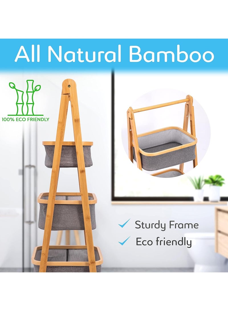 DubaiGallery 3 Tier Fold Out Hamper Shelf Storage - Space Saving Collapsible Foldable Natural Bamboo Wooden Organizer Removable Baskets for Bedroom Bathroom Laundry Clothes Towels - Image 3