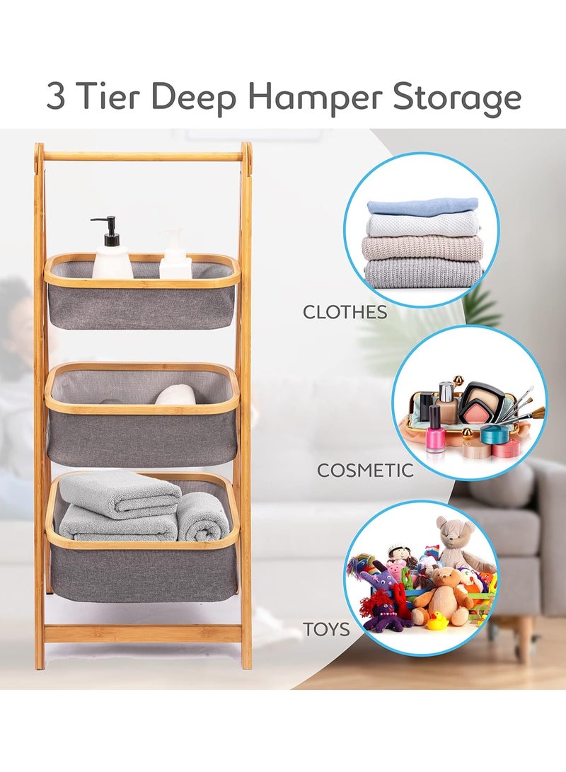DubaiGallery 3 Tier Fold Out Hamper Shelf Storage - Space Saving Collapsible Foldable Natural Bamboo Wooden Organizer Removable Baskets for Bedroom Bathroom Laundry Clothes Towels - Image 4