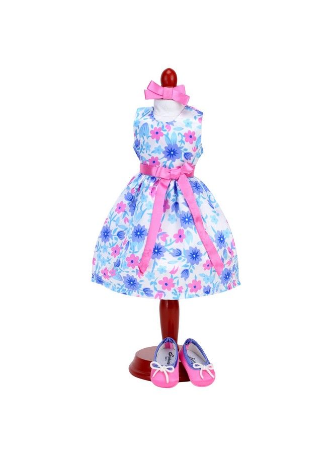 Sophia's 15" Doll Girl Satin Aqua Floral Print Party Dress Hairbow & Ballet Flats White  - Image 2