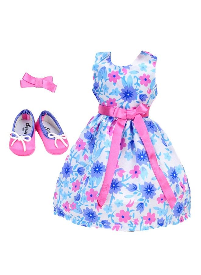 Sophia's 15" Doll Girl Satin Aqua Floral Print Party Dress Hairbow & Ballet Flats White  - Image 4