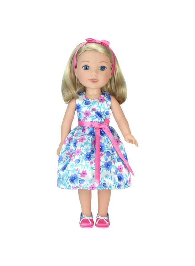 Sophia's 15" Doll Girl Satin Aqua Floral Print Party Dress Hairbow & Ballet Flats White  - Image 3