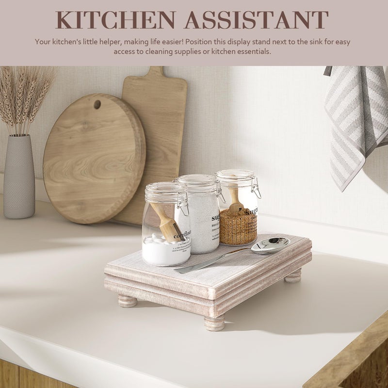EOSAHR Decorative Tray Wood Pedestal Stand â€“ Farmhouse Wooden Tray for Soap Holder & Bathroom Accessories - Kitchen Essentials & Bathroom Organizer for Home Decor (Natural Wood) - Image 3