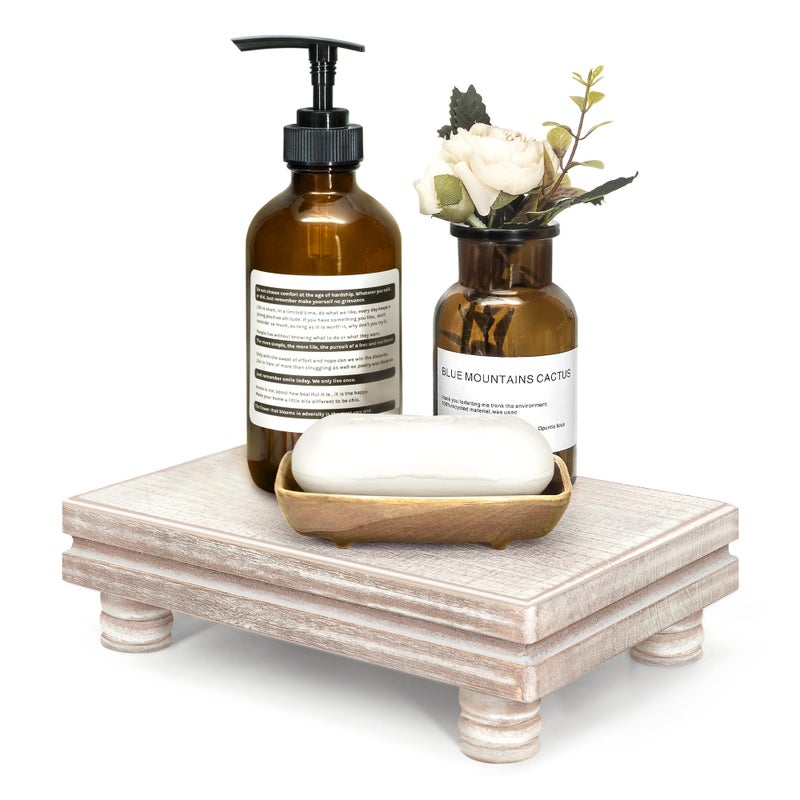 EOSAHR Decorative Tray Wood Pedestal Stand â€“ Farmhouse Wooden Tray for Soap Holder & Bathroom Accessories - Kitchen Essentials & Bathroom Organizer for Home Decor (Natural Wood) - Image 1