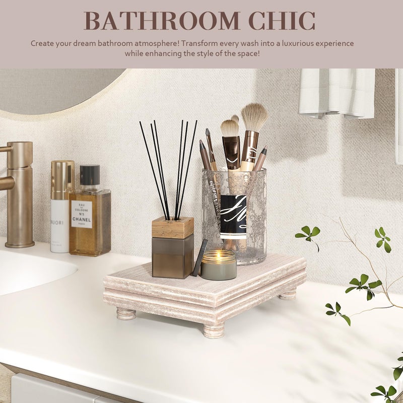 EOSAHR Decorative Tray Wood Pedestal Stand â€“ Farmhouse Wooden Tray for Soap Holder & Bathroom Accessories - Kitchen Essentials & Bathroom Organizer for Home Decor (Natural Wood) - Image 4
