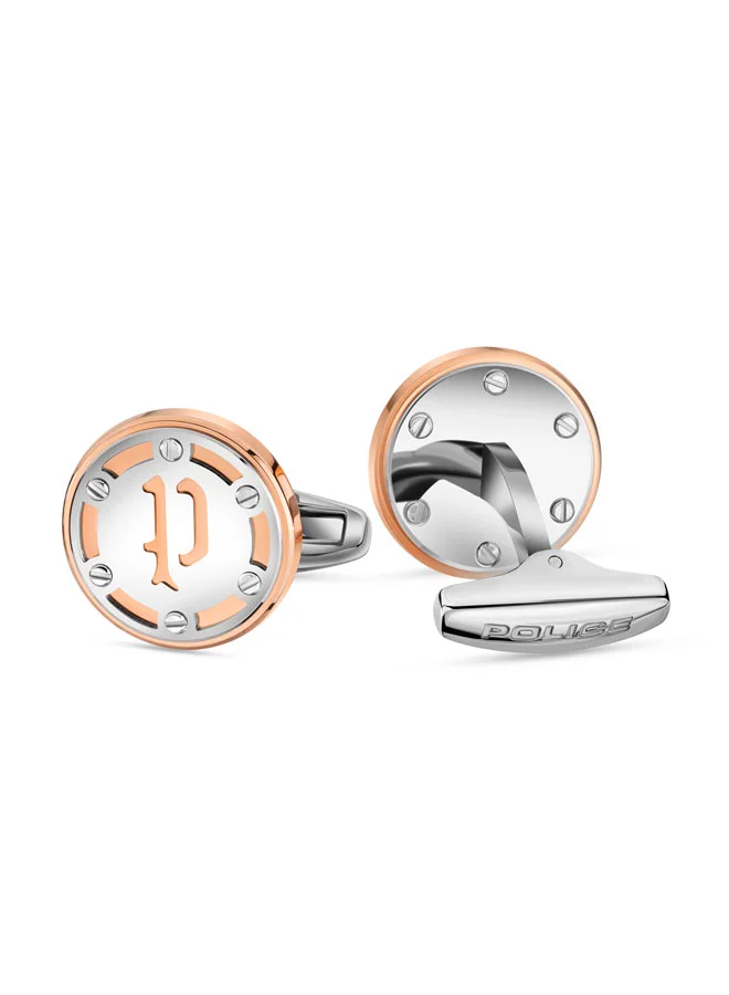 POLICE Ebon Silver Rose Gold Stainless Steel Round Cufflinks for Men