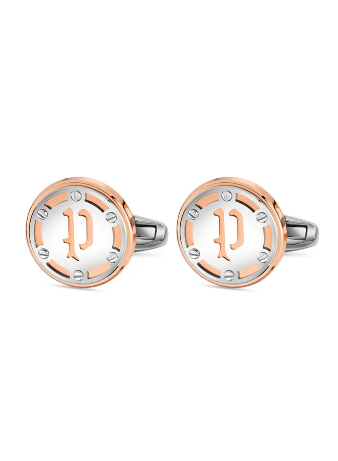 POLICE Ebon Silver Rose Gold Stainless Steel Round Cufflinks for Men