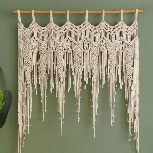 M MANUAL Macrame Valance Curtain for Kichen Windows 41.33 * 53.15Inch Farmhouse Boho Curtains for Bedroom Window Tassels Leaf Valance Treatments for Livingroom Kitchen Bathroom Wall Decor - Image 1