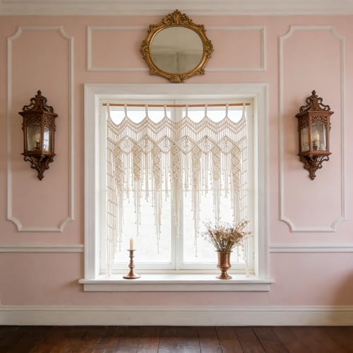 M MANUAL Macrame Valance Curtain for Kichen Windows 41.33 * 53.15Inch Farmhouse Boho Curtains for Bedroom Window Tassels Leaf Valance Treatments for Livingroom Kitchen Bathroom Wall Decor - Image 3