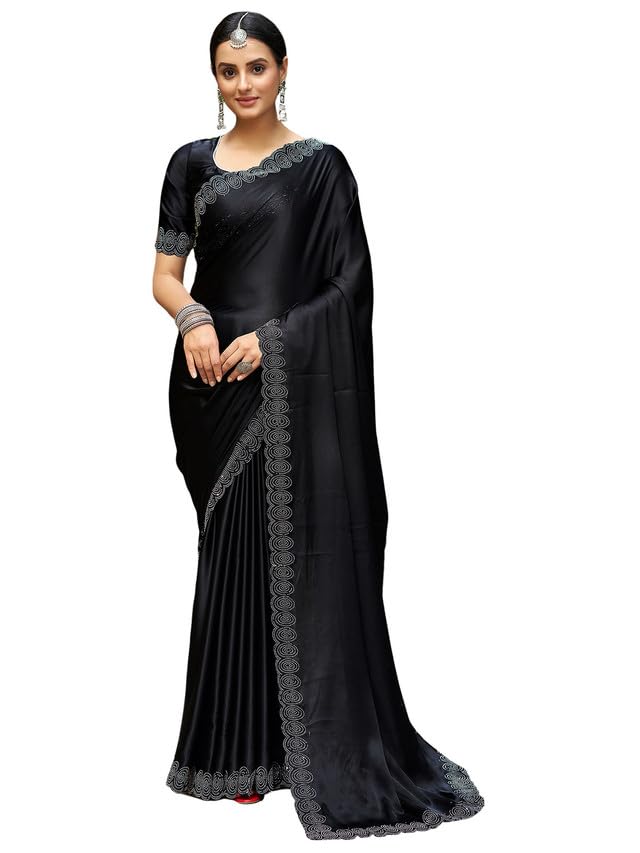 Satrani Women's Satin Silk Dyed, Stone Work Border Saree with Unstitched Blouse Piece (3431S281N_Black_1) - Image 1
