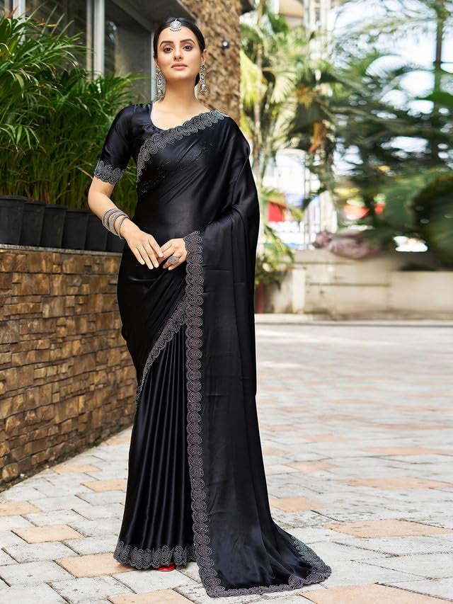 Satrani Women's Satin Silk Dyed, Stone Work Border Saree with Unstitched Blouse Piece (3431S281N_Black_1) - Image 3