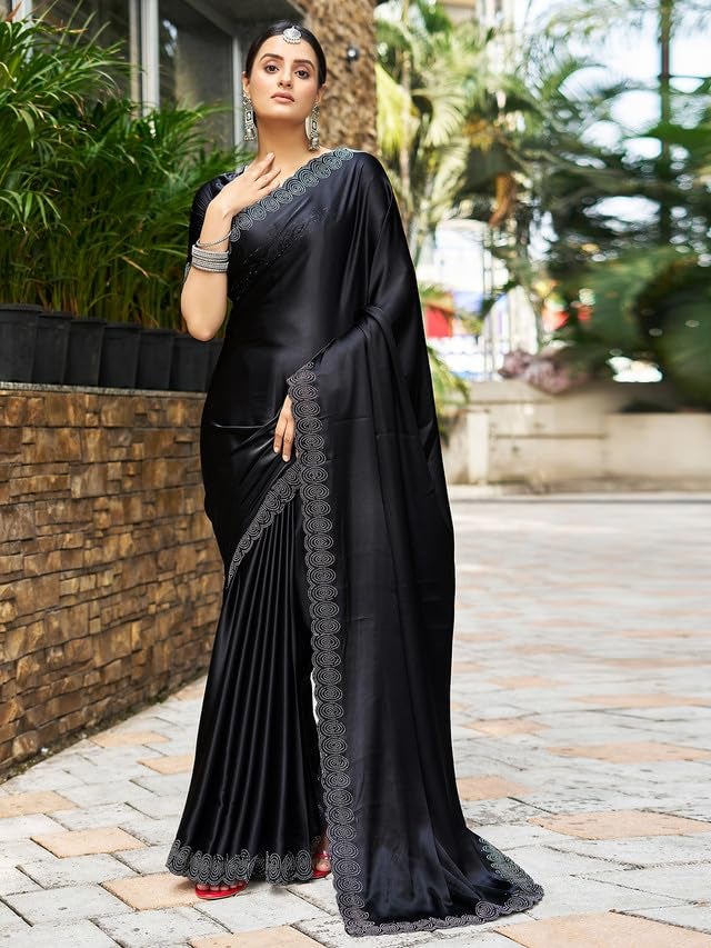 Satrani Women's Satin Silk Dyed, Stone Work Border Saree with Unstitched Blouse Piece (3431S281N_Black_1) - Image 5