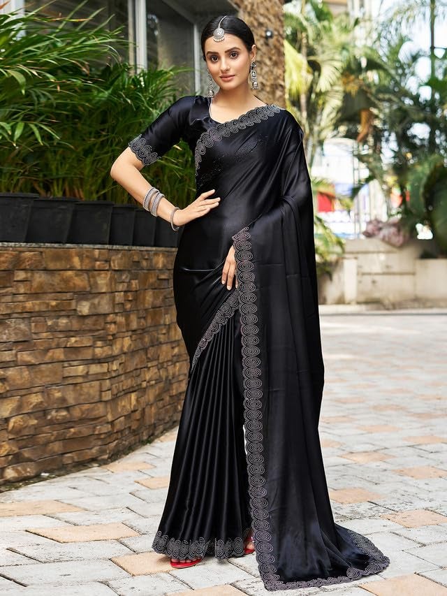 Satrani Women's Satin Silk Dyed, Stone Work Border Saree with Unstitched Blouse Piece (3431S281N_Black_1) - Image 4