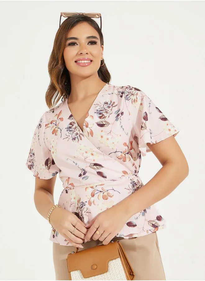 Styli Floral Print Wrap Top with Tie-Up Detail