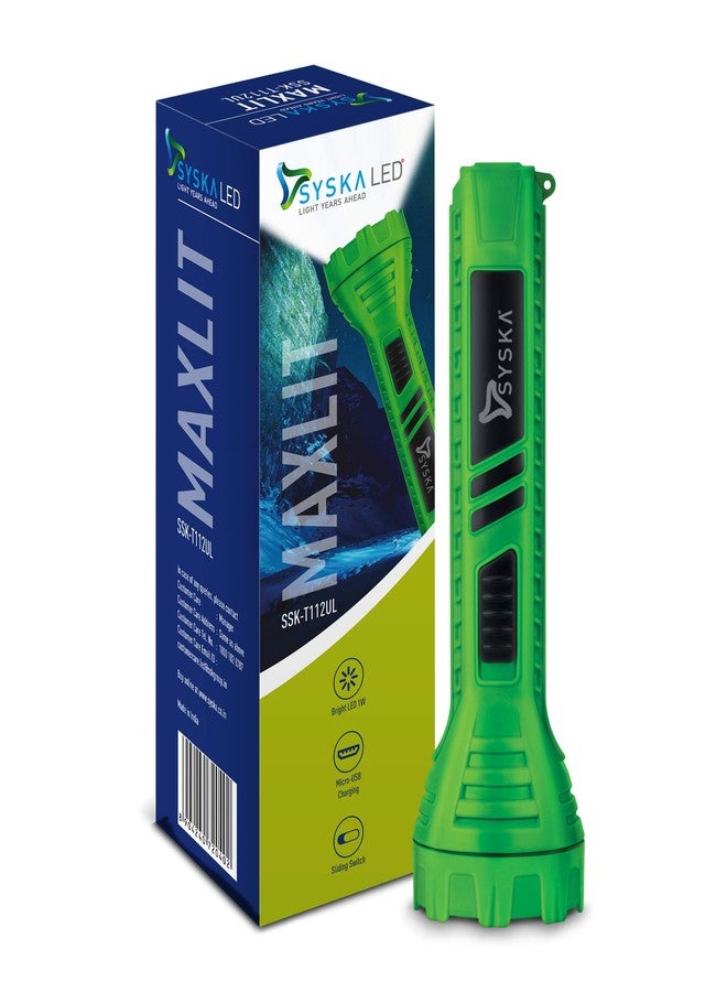 SYSKA Plastic T112Ul Maxlit 1W Bright Led Rechargeable Torch (Green, 1), 130 lumens - Image 1