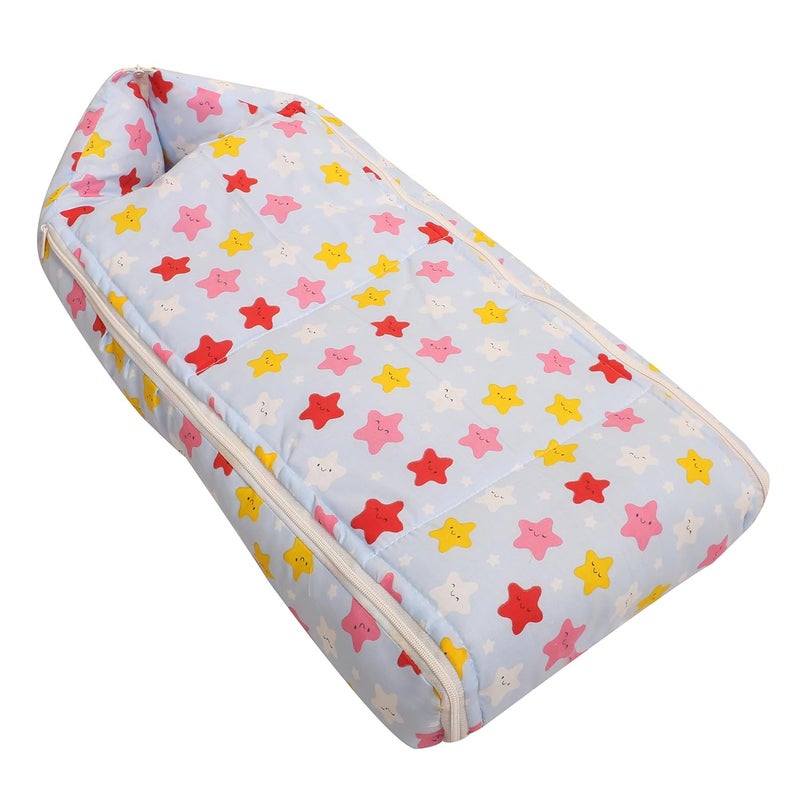 Nonibud Baby Cotton Sleeping Bed Cum Carrying Nest Bag with Storage Bag Large Size 77 Cms X 40 Cms 09 Months SkyBlue Star Print Light Green Stars - Image 1