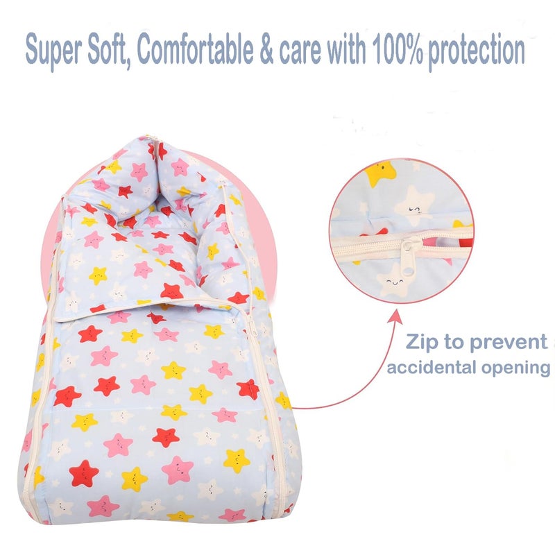 Nonibud Baby Cotton Sleeping Bed Cum Carrying Nest Bag with Storage Bag Large Size 77 Cms X 40 Cms 09 Months SkyBlue Star Print Light Green Stars - Image 4