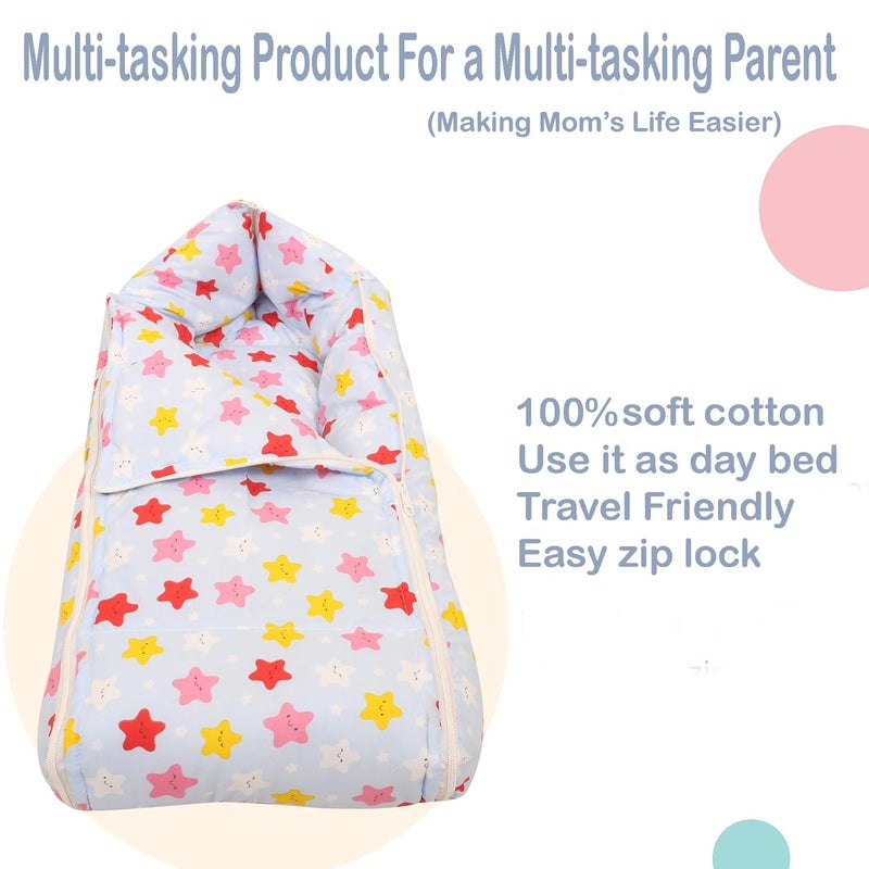 Nonibud Baby Cotton Sleeping Bed Cum Carrying Nest Bag with Storage Bag Large Size 77 Cms X 40 Cms 09 Months SkyBlue Star Print Light Green Stars - Image 3