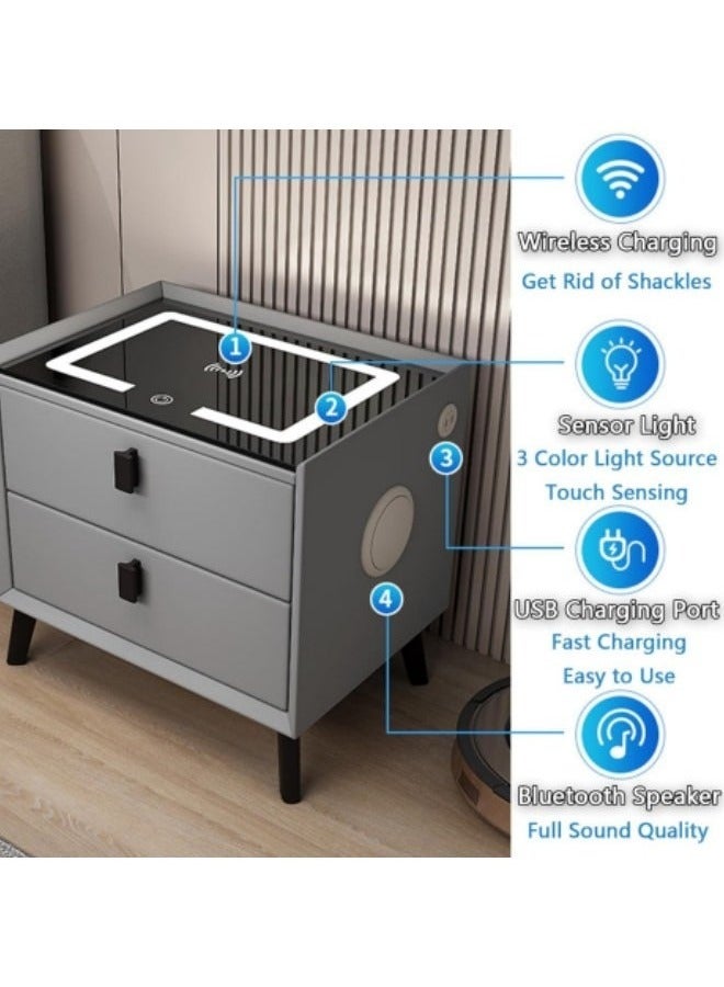 POWER Smart Bedside Table, Bedside Table with 2 Drawers, Multifunctional Bedside Table, Wireless Charging Station + 3 Color LED Light + USB Port + Bluetooth Speaker, 50x40x46cm (Dark Gray) - Image 5