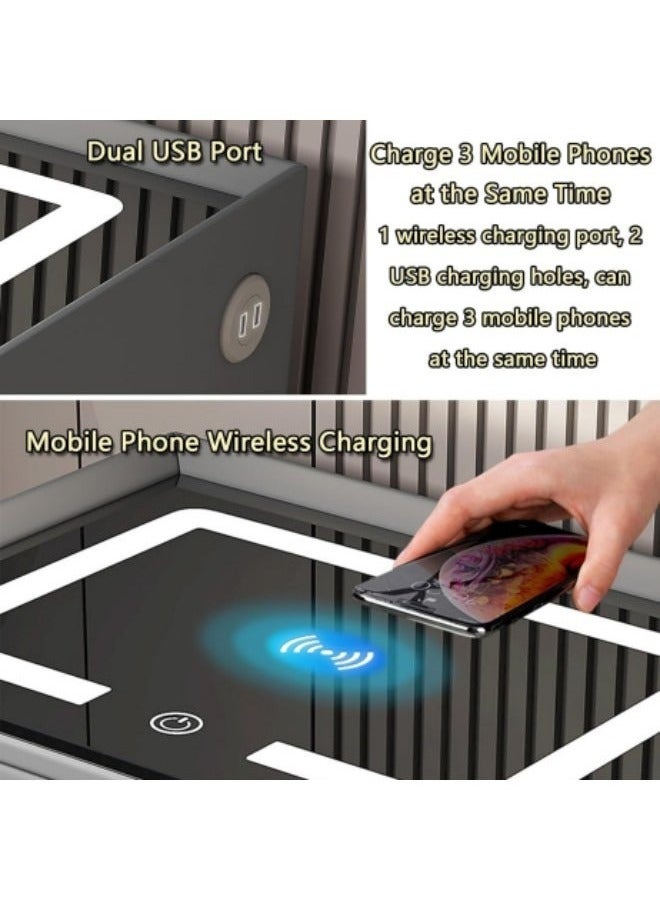 POWER Smart Bedside Table, Bedside Table with 2 Drawers, Multifunctional Bedside Table, Wireless Charging Station + 3 Color LED Light + USB Port + Bluetooth Speaker, 50x40x46cm (Dark Gray) - Image 3