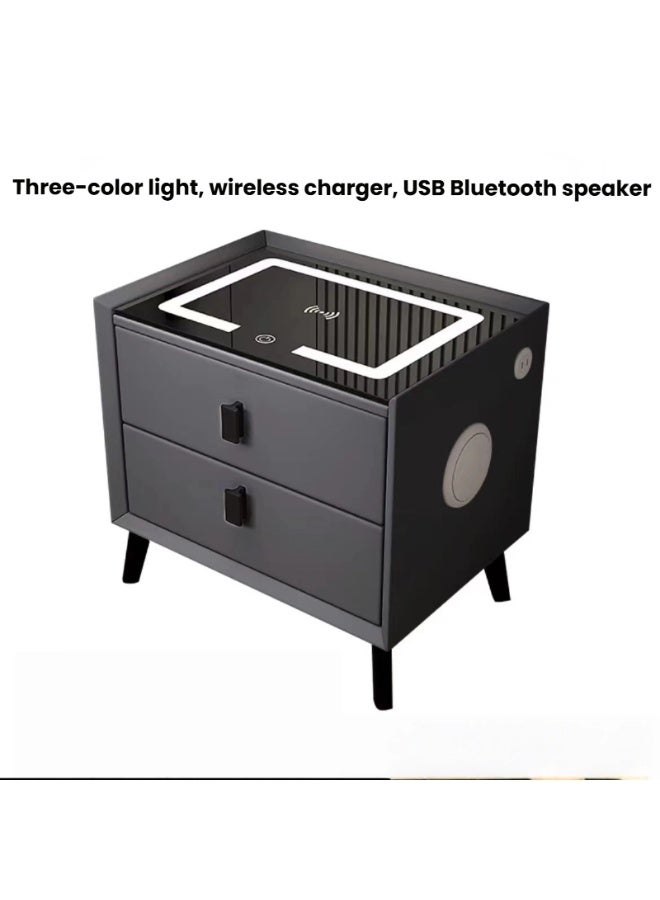 POWER Smart Bedside Table, Bedside Table with 2 Drawers, Multifunctional Bedside Table, Wireless Charging Station + 3 Color LED Light + USB Port + Bluetooth Speaker, 50x40x46cm (Dark Gray) - Image 1