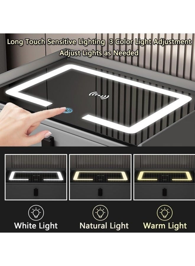 POWER Smart Bedside Table, Bedside Table with 2 Drawers, Multifunctional Bedside Table, Wireless Charging Station + 3 Color LED Light + USB Port + Bluetooth Speaker, 50x40x46cm (Dark Gray) - Image 2