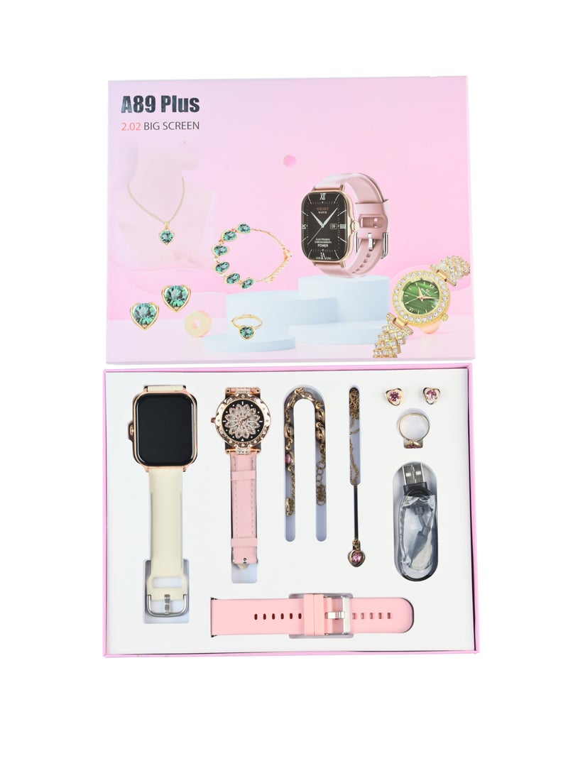 ULHYC - 7 in 1 Ultra Watch Series 9 Smart Watch for Women and Golden Mechanical Watch with Silicon Band and 1 Golden Bracelet and 1 Pendant and 1 pair of Stud Earrings and ring - Image 1