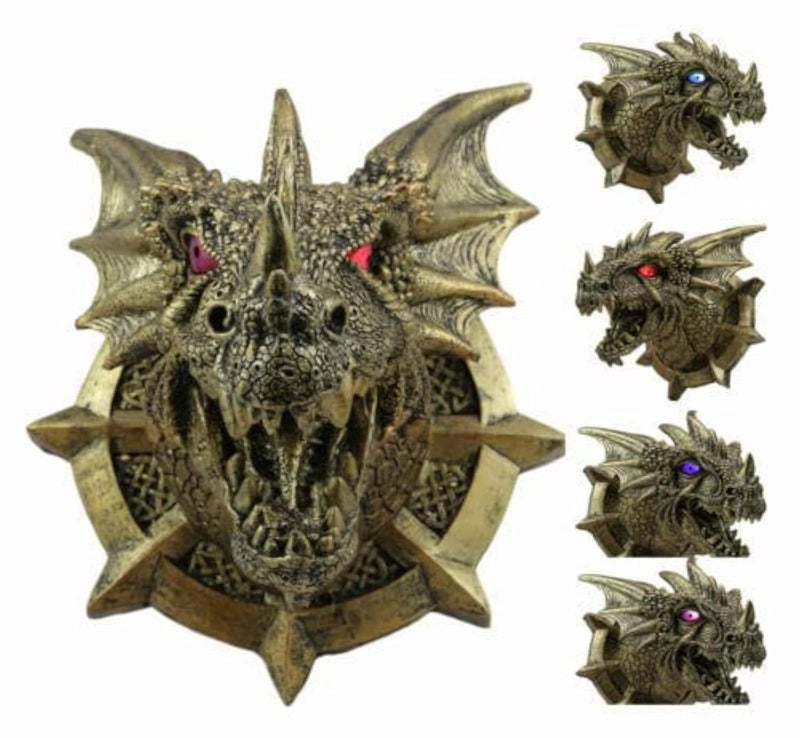 Ebros Gift Medieval Castle Dungeons and Dragons Prisoner Golden Dragon Hanging Wall Plaque Decor with LED Illuminated Eyes Sculpture Welcome Plaque Home Decoration Medieval Renaissance 3D Art GOT