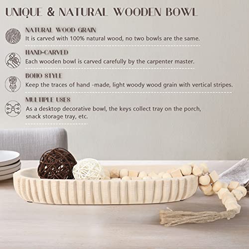Oakrain Wooden Decorative Dough Bowl for Home Decor, Unique Centerpiece Bowl, Wood Bowl with Hand Carved Vertical Stripes, Home Decor Accents for Farmhouse Boho Rustic Style (16.3"x 6" Light Wood Color) - Image 3